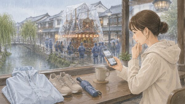 雨の日に佐原の町並みと雨よけをした山車を眺めながら、女性がスマートフォンで秋祭りの公式情報を確認するイラスト