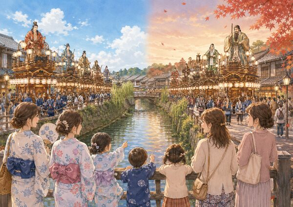 佐原の大祭の夏祭りと秋祭りを左右で比較し、小野川を中心に本宿地区の夏の山車と新宿地区の秋の山車を描いたイラスト