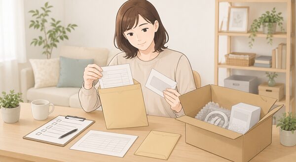 発送前に封筒の申込書と返信用封筒、段ボール箱の商品と付属品を確認している女性