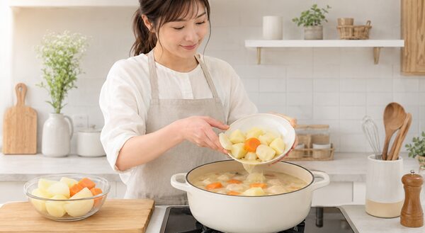 しょっぱいシチューに加熱したじゃがいもやにんじん、玉ねぎを加えて味を調整する女性
