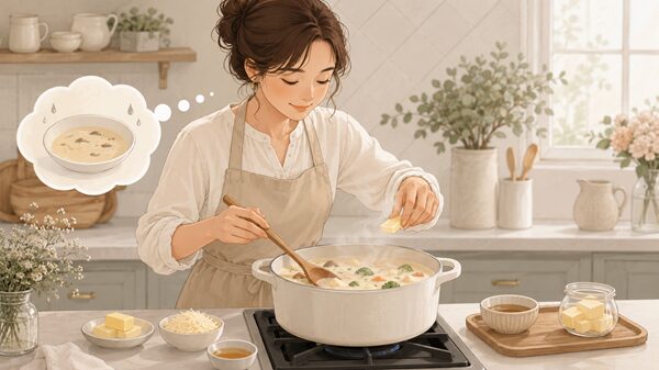 鍋でシチューを混ぜながらバターやチーズ、コンソメを少しずつ加えて味を調整している女性のイラスト