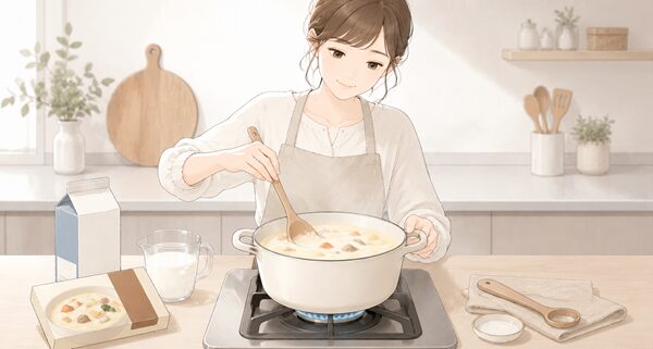 牛乳を入れた後にさらさらしたシチューを、弱火でゆっくり混ぜながら様子を見ている女性