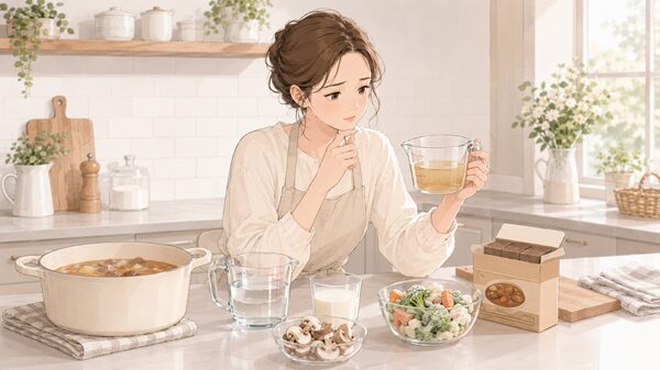計量カップの水や牛乳、市販のシチュールー、きのこや冷凍野菜を見ながら、シチューが水っぽくなる原因を確認している女性