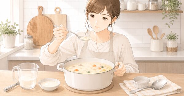 完成したシチューをスプーンですくい、ちょうどよいとろみを確認して安心している女性