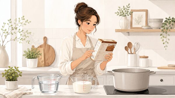 シチュールーの箱の裏面を見ながら水と牛乳の分量を計量する女性