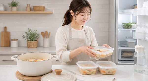 残ったシチューを浅い保存容器に小分けし、冷蔵庫へ入れようとしている女性