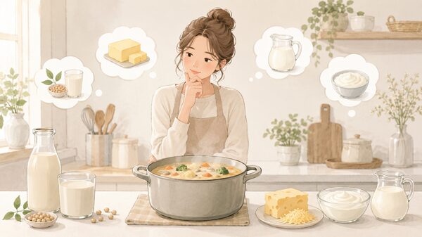 鍋を前にして豆乳やバター、チーズ、生クリーム、ヨーグルトなどの代用品を見比べながら考えている女性のイラスト