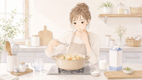 計量スプーンで少量の水や牛乳をシチュー鍋に加え、味見をしながら調整する女性