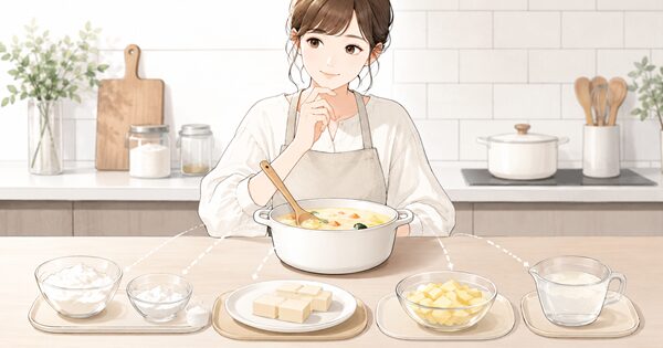 小麦粉、片栗粉、追加ルー、やわらかいじゃがいもを並べ、シチューのとろみ調整方法を比較している女性