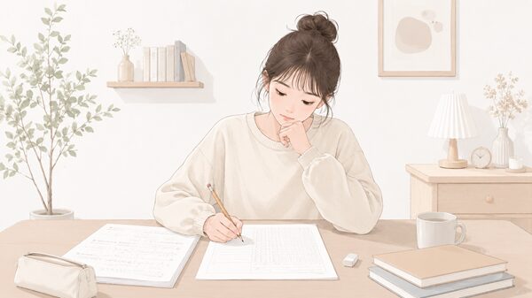 机に向かって計算問題や試験問題の解答を書いている学生
