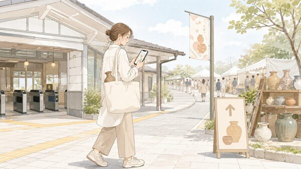 常滑駅周辺でスマートフォンの地図を確認しながら常滑焼まつりの会場へ向かう女性