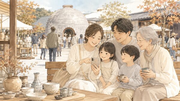 常滑焼まつりで子どもや高齢者と一緒にベンチで休憩しながら会場案内を確認している家族