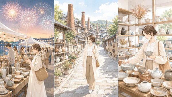 常滑焼まつりの3会場の違いを、花火が見えるボートレースとこなめ、煙突のあるやきもの散歩道、陶器専門店が並ぶセラモールで比較したイラスト