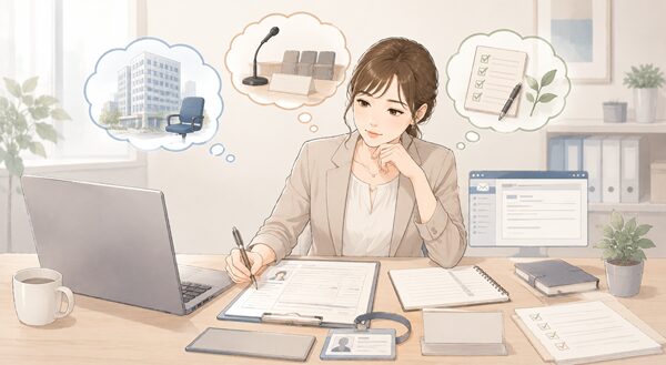 履歴書やビジネスメールを確認しながら、勤務先・役割・今後の努力に合う「つとめる」の漢字を考える女性