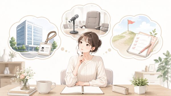 会社の建物と社員証、司会用マイクと役員席、目標とチェックリストを思い浮かべながら、「つとめる」の漢字を考える女性