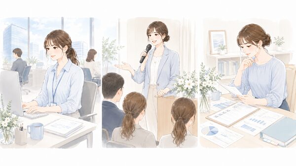 オフィスで働く女性、司会を務める女性、資料を見ながら改善に取り組む女性を横に並べて、「勤める・務める・努める」の違いを表したイラスト