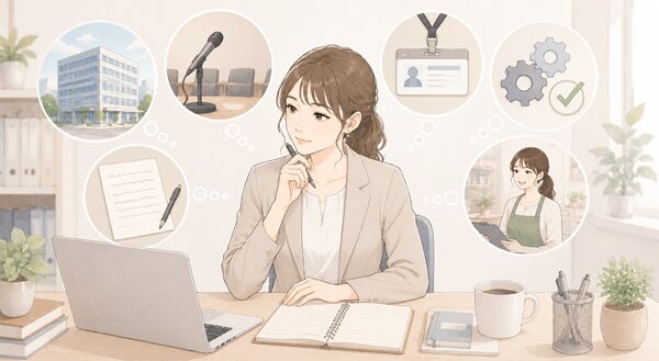 会社、司会、店長、改善、ひらがな表記の場面を思い浮かべながら、「つとめる」の使い分けに関する疑問を整理する女性