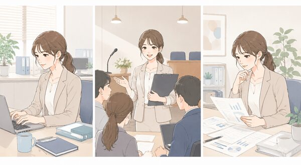 会社のデスクで働く女性、会議の進行役を務める女性、サービス改善の資料を見直す女性を並べて、「勤める・務める・努める」の使い分けを表したイラスト