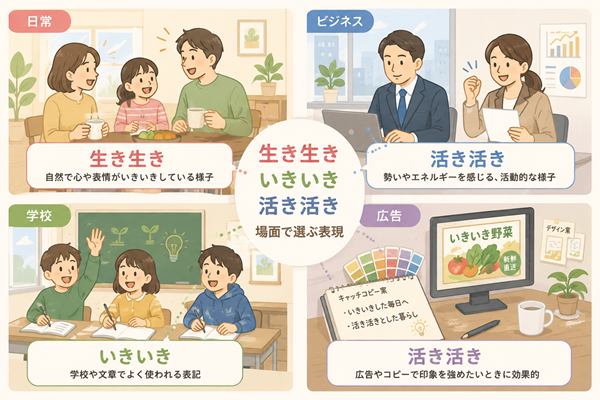 生き生き・いきいき・活き活きの使い分けを4場面で示した図