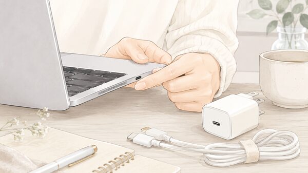 ノートパソコンの側面にあるUSB Type-C端子と充電器、ケーブルを確認している手元のイラスト