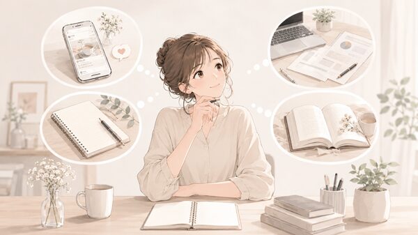 日常文・SNS・創作・ビジネスの場面を思い浮かべながら、言葉の使い分けを考えている女性のイラスト
