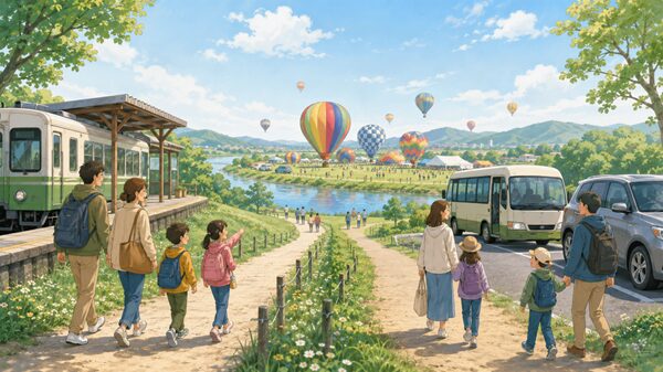 電車と車で熱気球会場へ向かう家族の比較イラスト