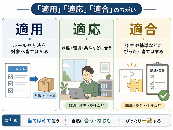適用・適応・適合の意味の違いを比較した図