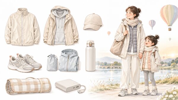 早朝の熱気球観覧に合う服装と持ち物のイラスト