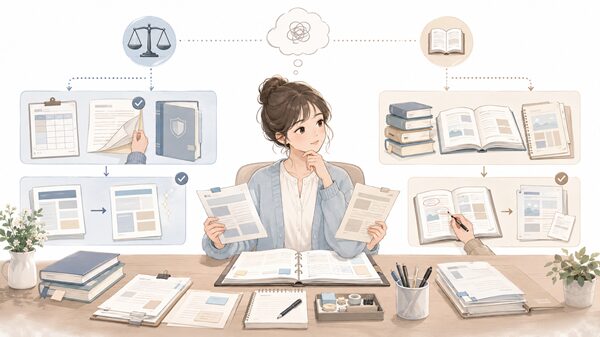 改定と改訂の判断方法を整理する女性の図解イラスト