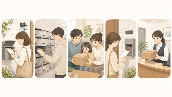 配達完了後の確認場所を順に示したやさしいイラスト