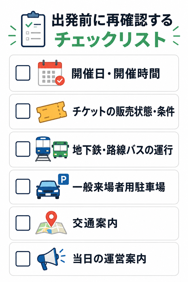開催・チケット・交通・駐車場の出発前確認項目