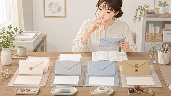 用途別の封筒を並べて女性が閉じ方を選ぶイラスト
