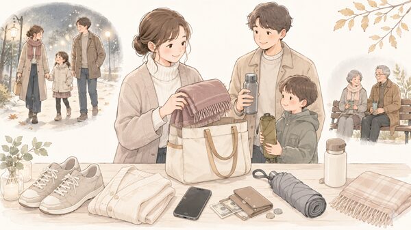 祭りに備える服装と持ち物を家族で確認するイラスト
