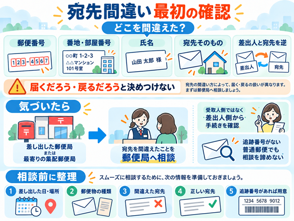宛先間違いの確認項目と郵便局へ相談する準備