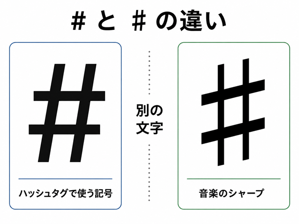 ハッシュタグの#と音楽の♯が別の文字であることを示す比較図