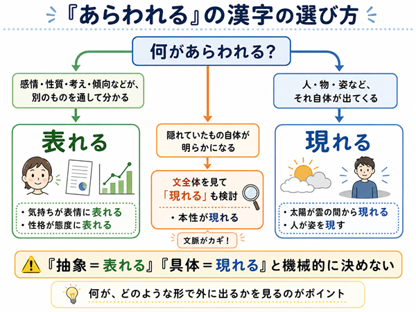 「あらわれる」の漢字を文脈で選ぶ判断フロー図