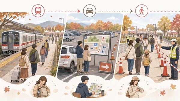 電車と車で唐津くんち会場へ向かう人の図解