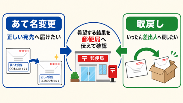 あて名変更と取戻しの違いを郵便局への確認方法と比較した図