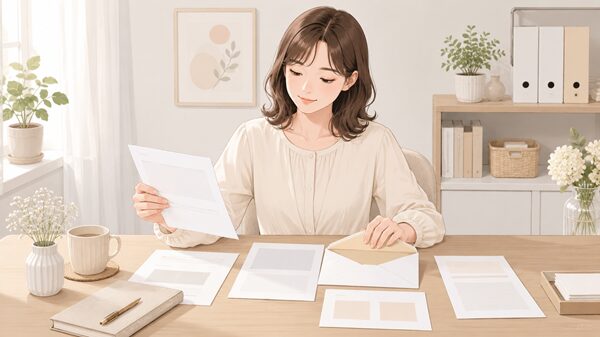 封筒に入れる前に書類を確認する女性のイラスト
