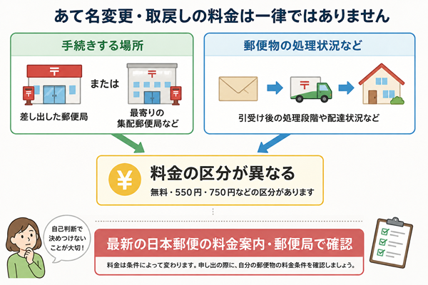 手続き場所や処理状況で郵便の料金区分が変わることを示す図