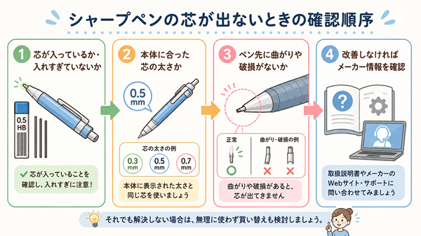 シャープペンの芯が出ないときの確認手順フロー図