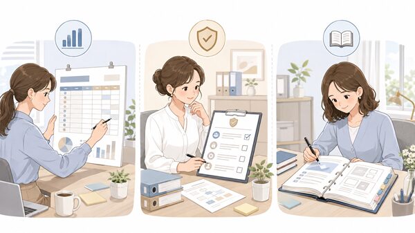 料金表と規則とマニュアルを確認する女性の比較イラスト