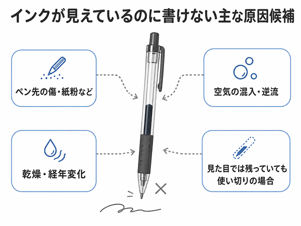 インクが見えても書けないボールペンの主な原因候補