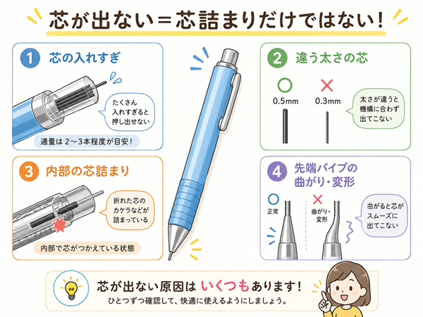 シャープペンの芯が出ない4つの原因図解