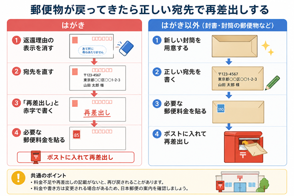 戻ってきたはがきと封書の再差出し方法を比較した図