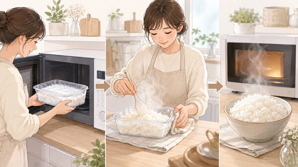 冷凍ご飯を段階的に温め直す流れを示すイラスト