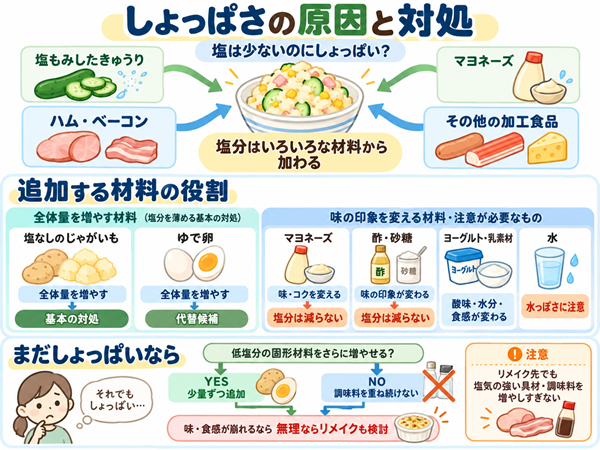 ポテトサラダの塩分源と追加材料の役割を比較