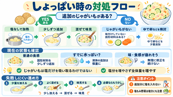 材料と水分状態からポテトサラダの直し方を選ぶ流れ