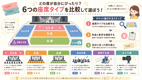 6種類の観覧席を比較して選ぶ流れを示した図解