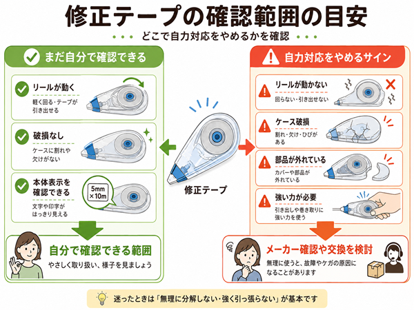 修正テープを自分で確認できる範囲と中止目安の比較図